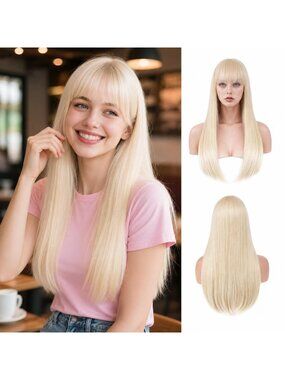 24in Women's New Blonde Long Straight Synthetic Unique Style Wig with Bangs